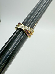 18kt Gold Plated Crossover Ring Signed GERG Clear Purple Amethyst Color Stones