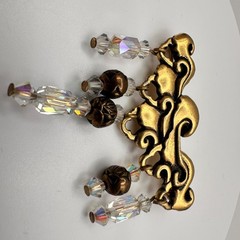 Vintage 80s Gold Tone Scrollwork Brooch Pin with Crystal Bead Dangles