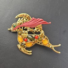 Gold Tone Rhinestone Multicolor Color Cabochon Flying Reindeer Brooch