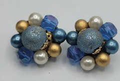 Vintage Cluster Beaded Clip On Earrings Blue Gold White Matte Shiny Beads