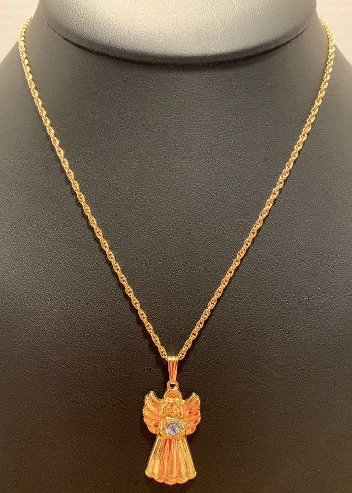 Beautiful Avon Vintage Gold Tone Angel With Blue Rhinestone Pendant Necklace