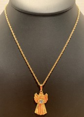 Beautiful Avon Vintage Gold Tone Angel With Blue Rhinestone Pendant Necklace