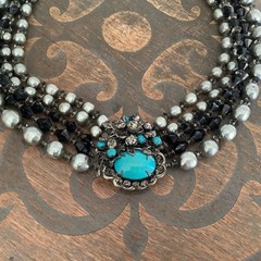 Vintage Miriam Haskell Baroque Pearl Turquoise Rhinestone Crystal Clasp Necklace