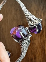 Vintage European 800 Silver Brutalist Bypass Bangle Bracelet Amethyst Cabochon