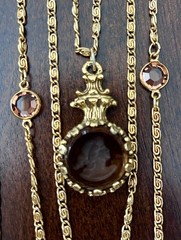 Vintage Goldette 5 Strand Cameo Necklace Amber Glass Stations Layered Gold Tone
