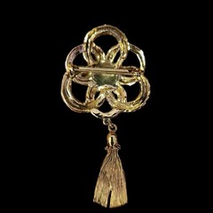 Vintage Rope and Tassel Brooch Pin Red Pink Stone 3.5 Inches Long Gold Tone
