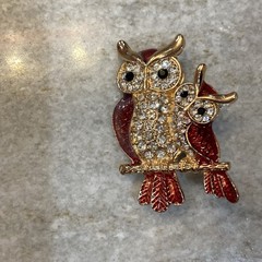 BROOCH GOLD TONE PIN RHINESTONE ENAMEL RED OWL BIRD