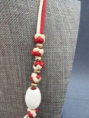Vintage Knotted Rope Necklace 20 In Red White Iridescent Beads Gold Nautical