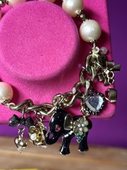 Betsey Johnson Charm Bracelet – Gold Tone Pearl Elephant, Bows, Hearts NIB