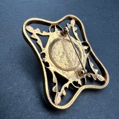 Orange Glass Stone Brooch Open Metal Work Gold Tone Pin