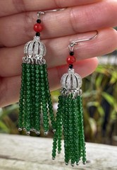 Earrings tassel pendant natural red coral green agate beads 925 Sterling silver