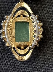 Vintage Designer Lanvin Emerald Rhinestone? Pendant 14k Gold Pearl Necklace