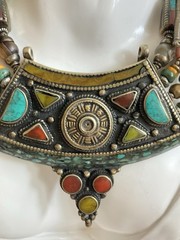 Vintage Tribal Necklace Turquoise Coral Inlay Ethnic Boho Statement Nepalese