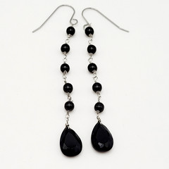 Black Onyx Bead Shoulder Duster Long Linear Silver Tone Pierced Hook Earrings