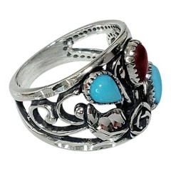 Wheeler MFG Sterling Silver Sleeping Turquoise Coral Diamond Cut Rose Leaf Ring