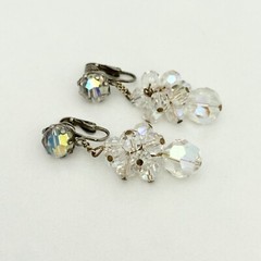 Vintage AB Crystal Glam Cha Cha Beaded Clip On Dangle Drop Earrings