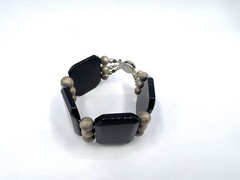 Vintage Chunky Black Stone Gemstone Silver Bead Wide Bracelet RO-DO NOS Saks