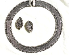 VTG Signed HOBE Silver Mesh NECKLACE & CLIP EARRING Set 1940s ORNATE Demi-Parure