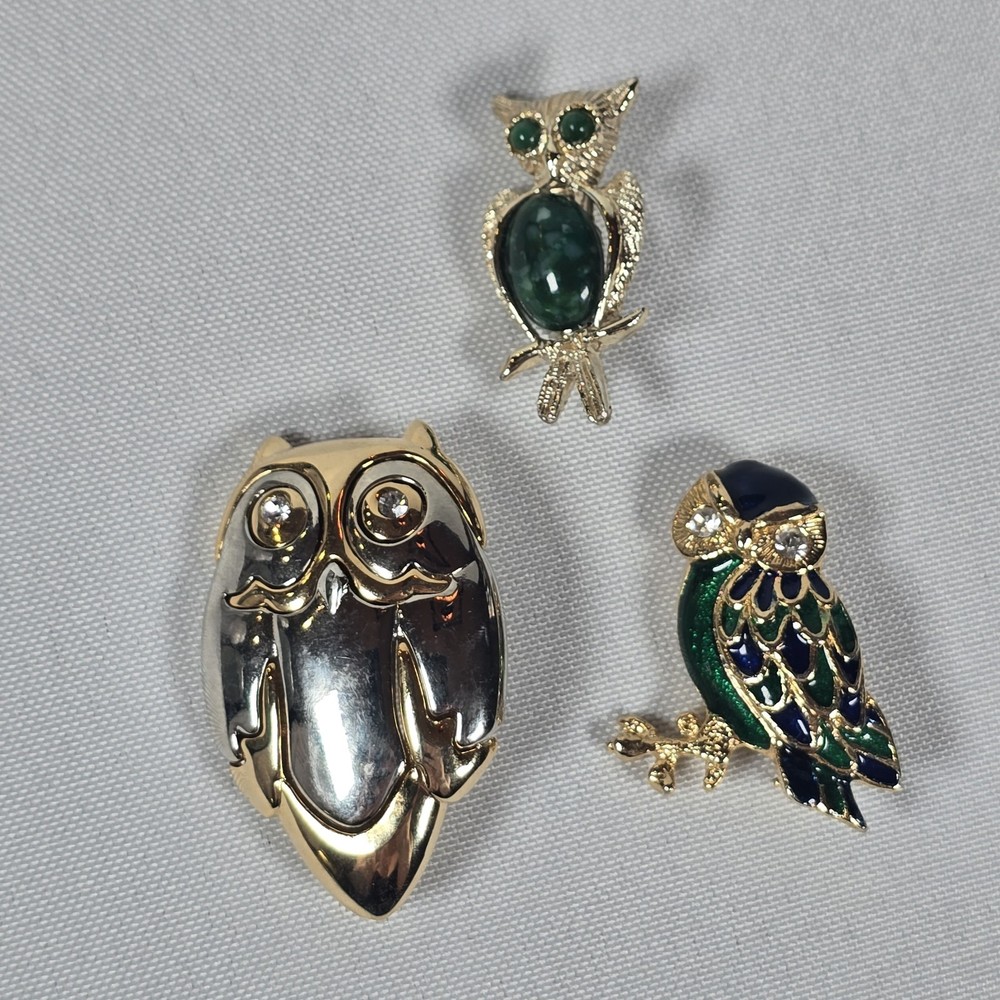 3 Vintage OWL Pin Brooch Lot: Gold Tone Green Belly, Rhinestones, Liz Claiborne