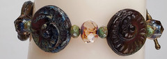 VTG Colorful Glass Beads Brass Toggle Bracelet Boho Art Glass Ammonite Fossils