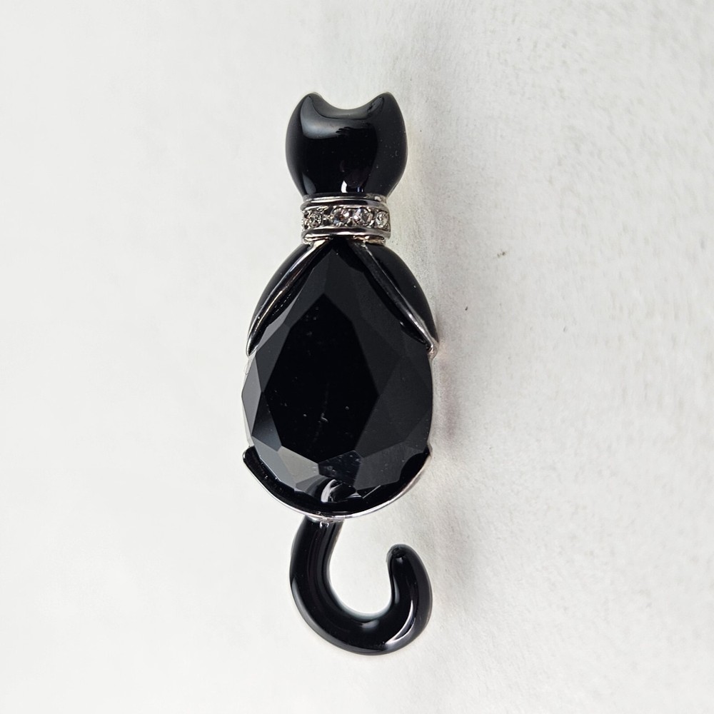 Vintage Cat Brooch Pin with Black Onyx & Rhinestones in Silver Tone Metal [8405]