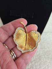 Vintage BSK Brooch Pin Leaf trimmed with Rhinestones 1.5 X 2.0 Inches