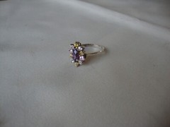 VINTAGE FLORAL PRONG SET AMETHYST PINK YELLOW CLEAR TOPAZ RING SILVER 925 SZ 6.5
