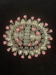VTG Pale Green Navette Baguette Prong Set Brooch Pink Accents BUDDING FLOWER