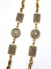 Premier Designs Gold Tone Etruscan Style Greek Key Crystal Necklace 36 in