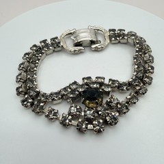 Vintage Silver Tone Rhinestone Bracelet Smoky Gray Multi Strand Cluster Retro