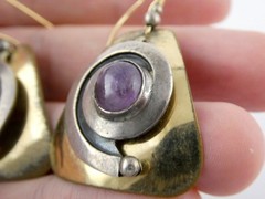 Vintage Artisan Made Mixed Metals Sterling Silver Amethyst Hook Earrings 13.9g