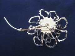 Flower Pin Silver Tone Aurora Borealis Rhinestones Stamped Name on Back