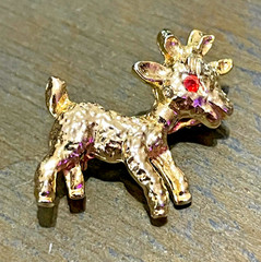Vintage Gold Tone Reindeer with Red Rhinestone Eyes Brooch Pin