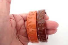 Lot Of 2 Vintage Carved Bakelite Bangles Bracelets Orange & Burgundy / Brown