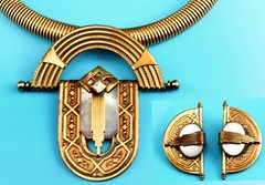Vtg Ermani Bulatti Art Deco Mother of Pearl Gold Tone Choker Clipon Earrings Set