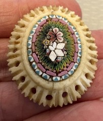 19C Antique Micro Mosaic Brooch Carved Bone Frame Italy Grand Tour missing clasp
