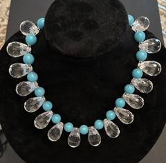 1960’s Art Deco Necklace Aqua Chalcedony Beads, Faceted Tear Drop Clear Beads