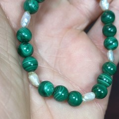 VTG Round Malachite Beads (No Clasp) Fresh Water Pearls Segment Bracelet 6-3/8”