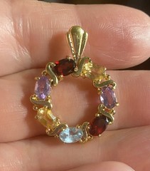 Vintage 925 Sterling Silver Vermeil Multi Gemstone Round Wreath Pendant