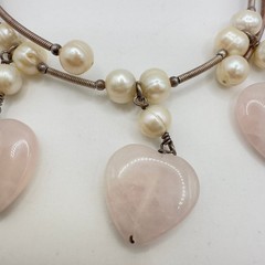 Vintage Pearl & Rose Quartz Choker Y2K Necklace Silver Tone Memory Wire Dangle
