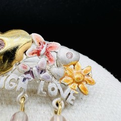 Vintage Garden Floral Heart Dangle Brooch Pink Bead Charm Statement Pin Signed