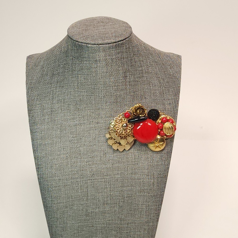VTG Maximalist Art Brooch Pin Red Black Gold Tone Statement Fashion Steam Punk