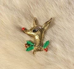 Vintage IWAN Brooch Rudolph Reindeer Gold Tone Enamel Signed Holly Berries Pin