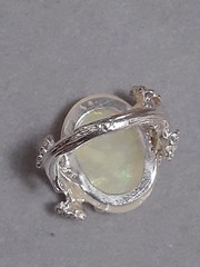 Opalite cabochon ring W/cherry blossom design silvertone metal red stones size 6