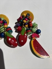 Vintage 80s Wooden Fruit Cluster Clip On Earrings Watermelon Strawberry Novelty⁠