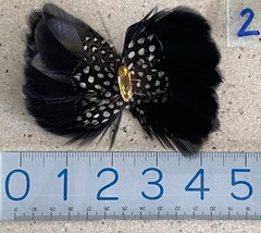 Vintage Real Guinea Bird Feather Pin Brooch Rhinestone Black White Statement