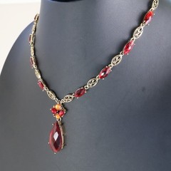 Vintage Gold Tone Red Crystal Filigree Pendant Necklace 18 Inch Adjustable