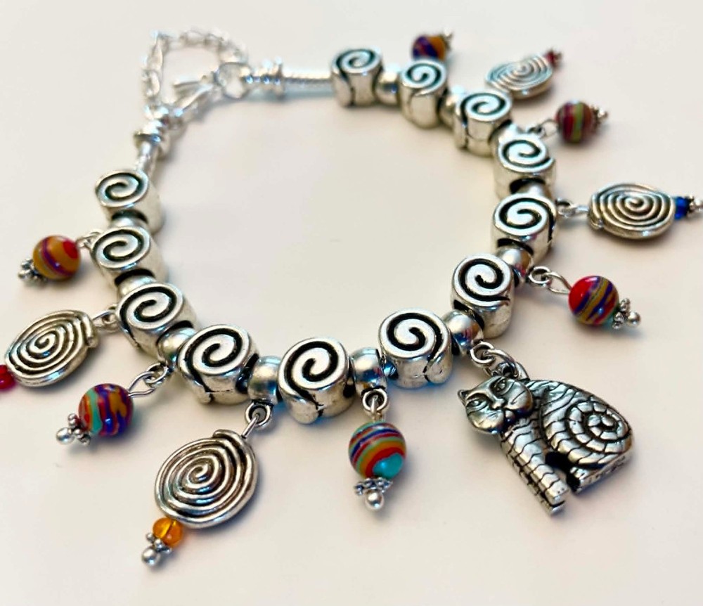 Hand Crafted Bracelet W/Genuine Laurel Burch Cat Charm~ Add a Bead/Adjustable