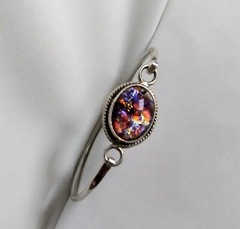 Vintage Mexico 925 Rope Accented Oval Diachroic Glass Tension Bangle Bracelet