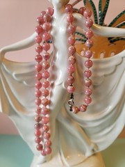 Vintage Genuine Rhodochrosite Bead Pearl Knotted Necklace